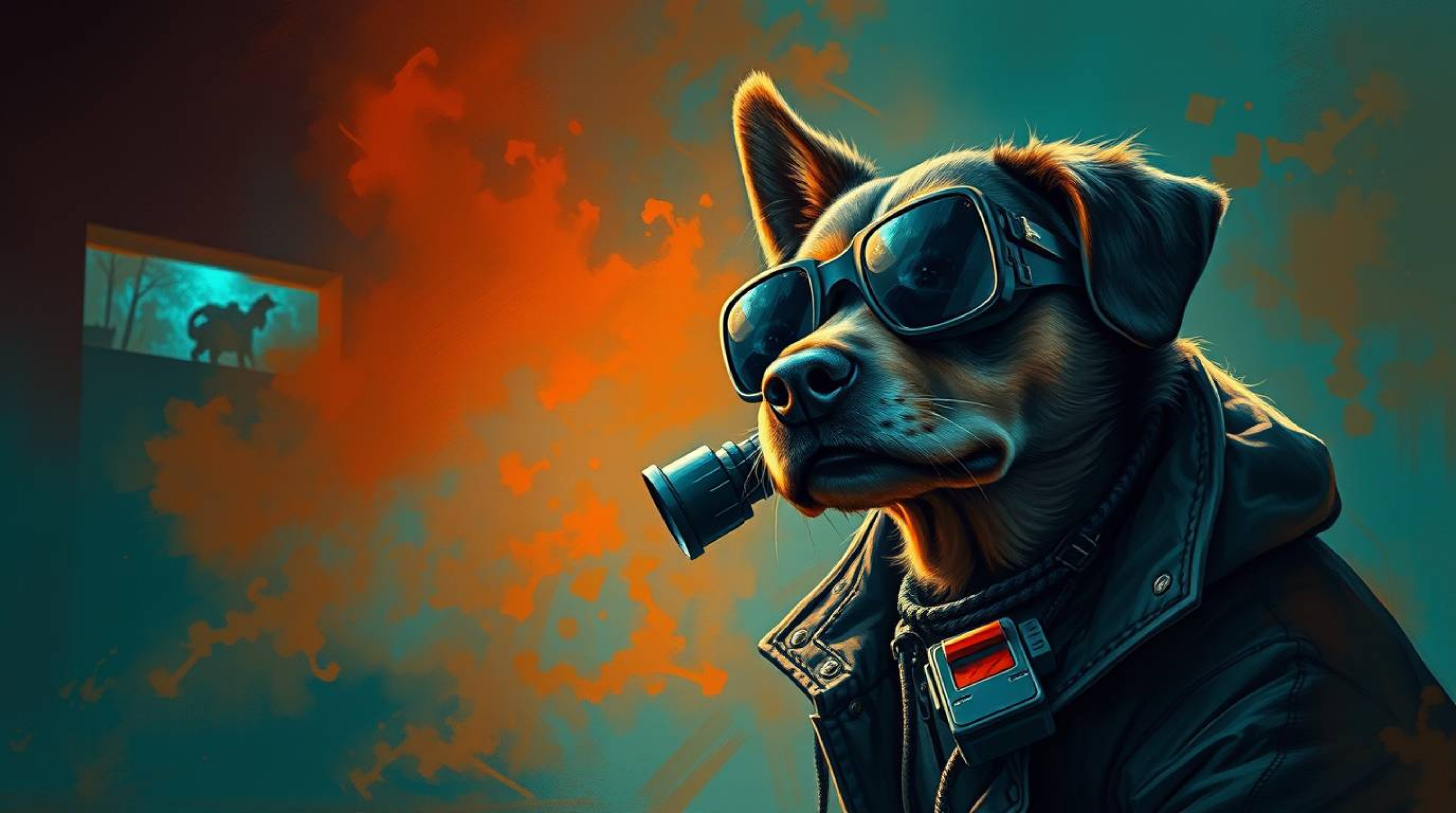 A captivating painting featuring a dog detective equipped with high-tech gadgets set against an eerie backdrop. The artwork m