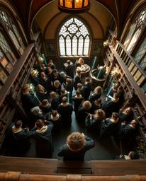 This image captures a magical school teeming with young wizards, viewed from a high angle perspective. The scene evokes a 'f