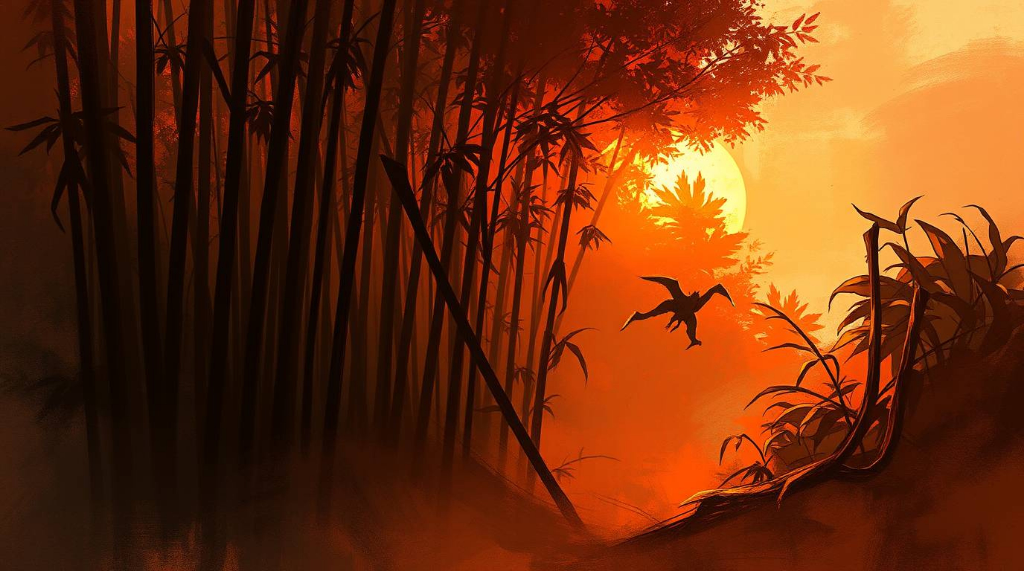 A dynamic digital sketch capturing the beauty of a bamboo forest bathed in the warm glow of a setting sun.  Loose, painterly 
