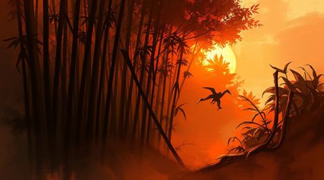 A dynamic digital sketch capturing the beauty of a bamboo forest bathed in the warm glow of a setting sun.  Loose, painterly 