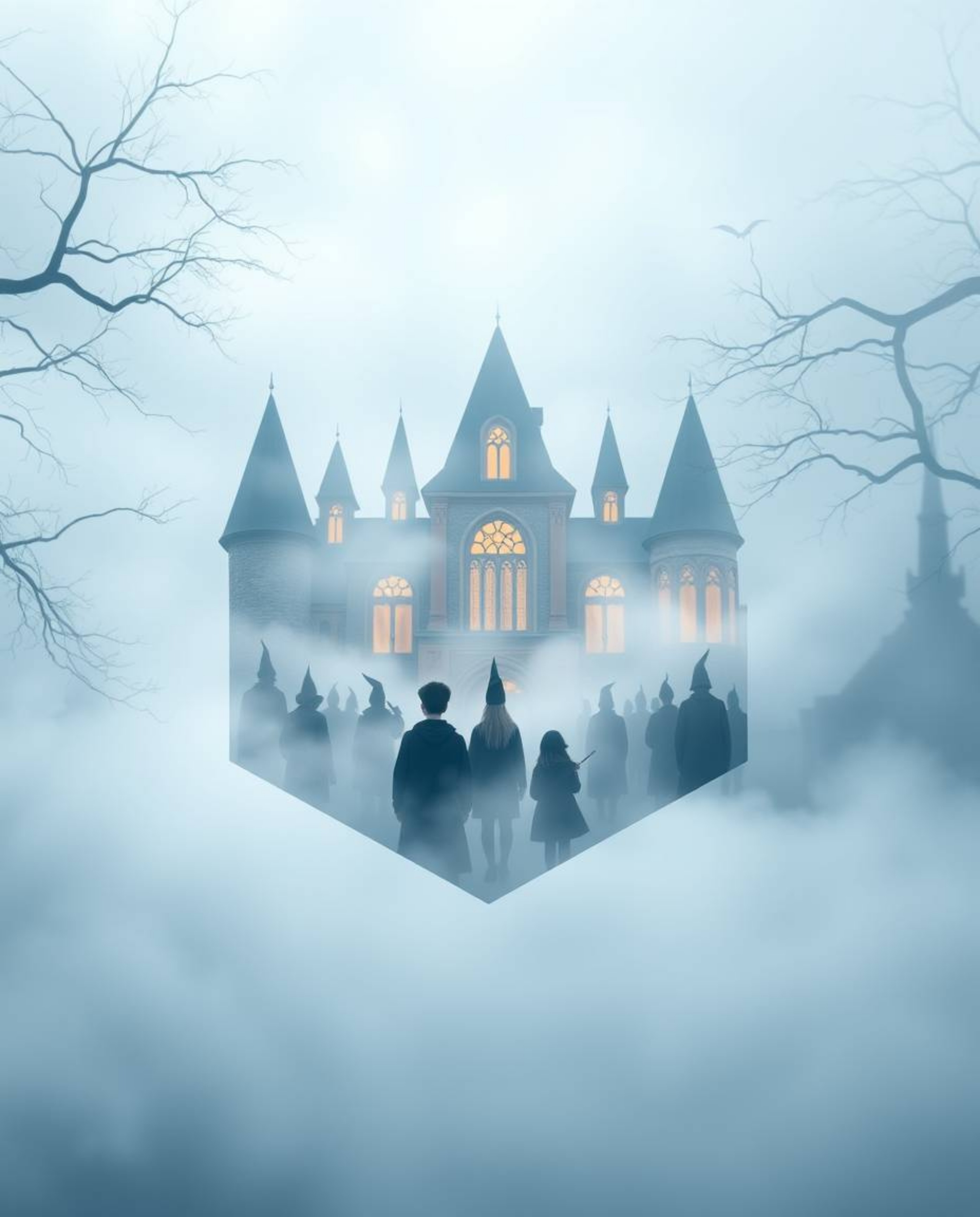 A magical school teeming with young wizards, mysteriously veiled by a thick fog, is represented in a striking geometric logo 