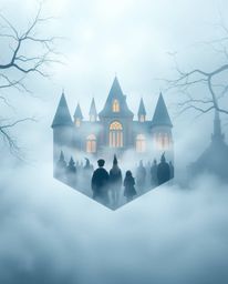 A magical school teeming with young wizards, mysteriously veiled by a thick fog, is represented in a striking geometric logo 