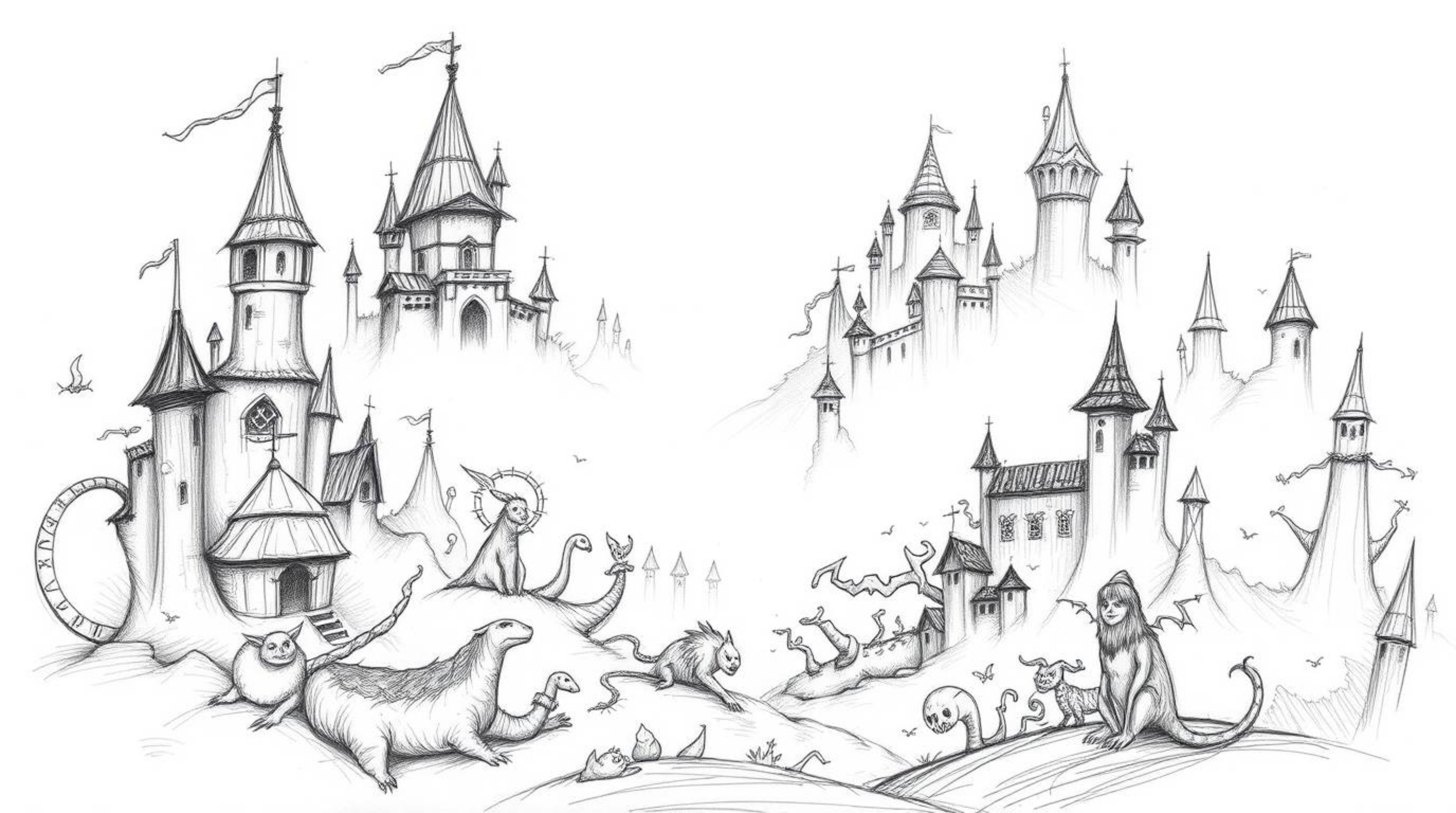 A captivating hand-drawn sketch portrays a whimsical fantasy kingdom brimming with quirky magical creatures. Rendered with ro