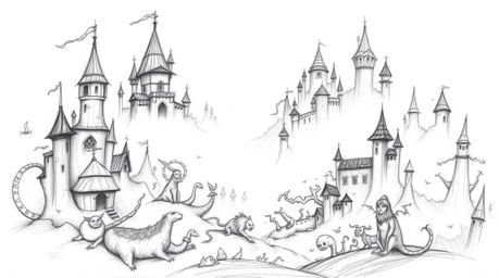 A captivating hand-drawn sketch portrays a whimsical fantasy kingdom brimming with quirky magical creatures. Rendered with ro