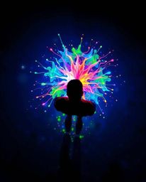 A captivating high-angle shot reveals a human silhouette formed by vibrant, glowing bioluminescent splashes.  The image showc
