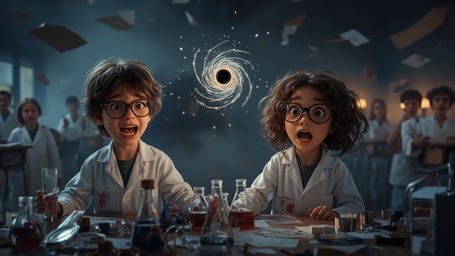 A highly dramatic, cinematic, and humorous photograph, in a style resembling Pixar, captures a science fair duo of two excite