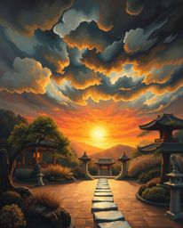 Experience a captivating oil painting that depicts the striking contrast of a serene Zen garden under intense, dramatic weath