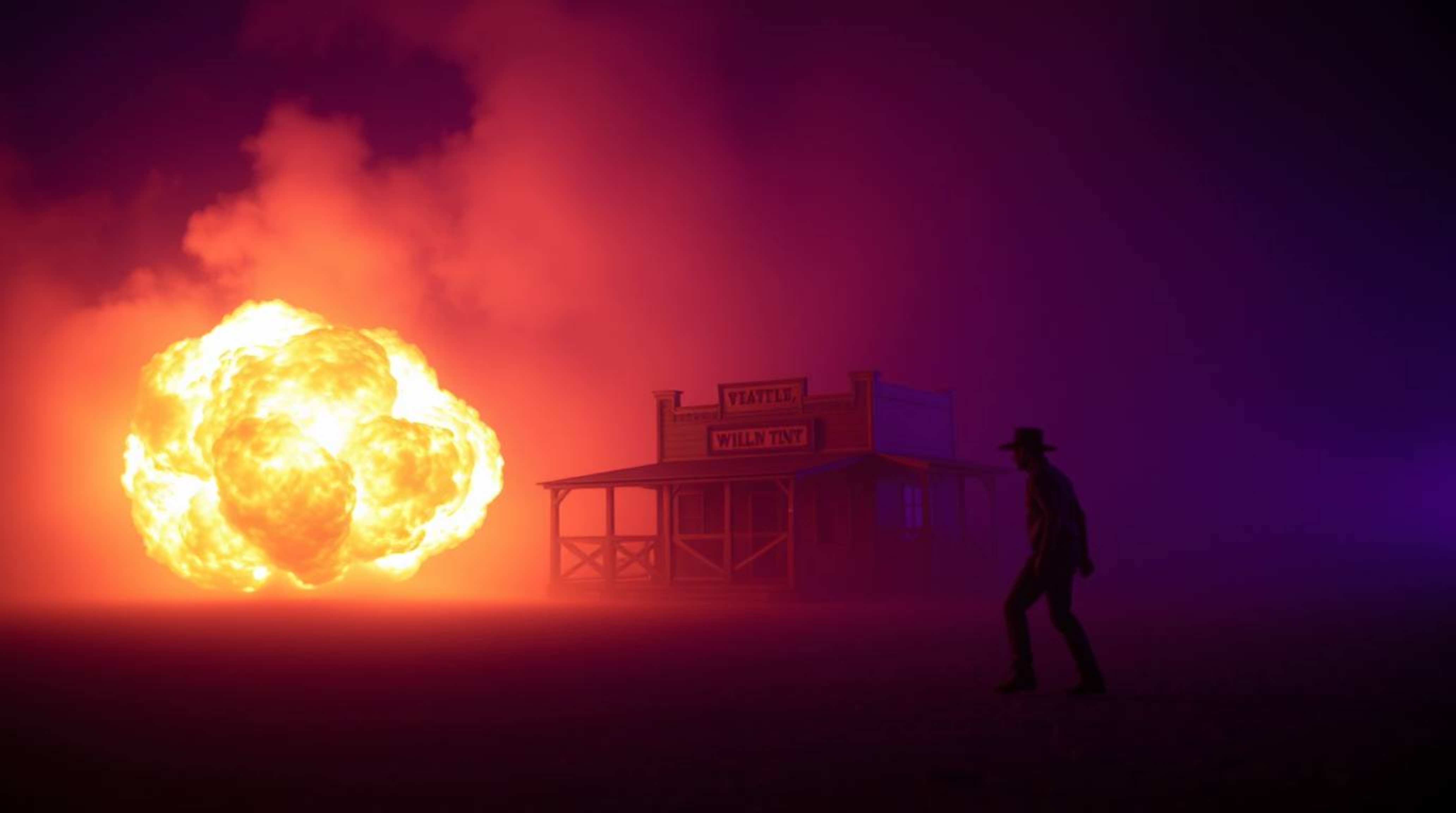 A captivating image portrays a classic Wild West TNT explosion gag, shrouded in thick fog and bathed in deep ultraviolet hues