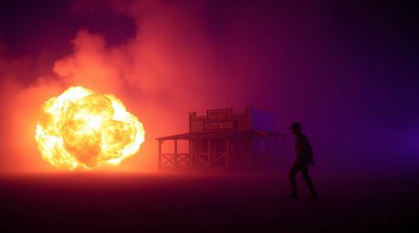 A captivating image portrays a classic Wild West TNT explosion gag, shrouded in thick fog and bathed in deep ultraviolet hues