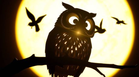 A Pixar-style blind owl, silhouetted against a bright light, meticulously crafted from layered papier-mâché, dedicates its ex