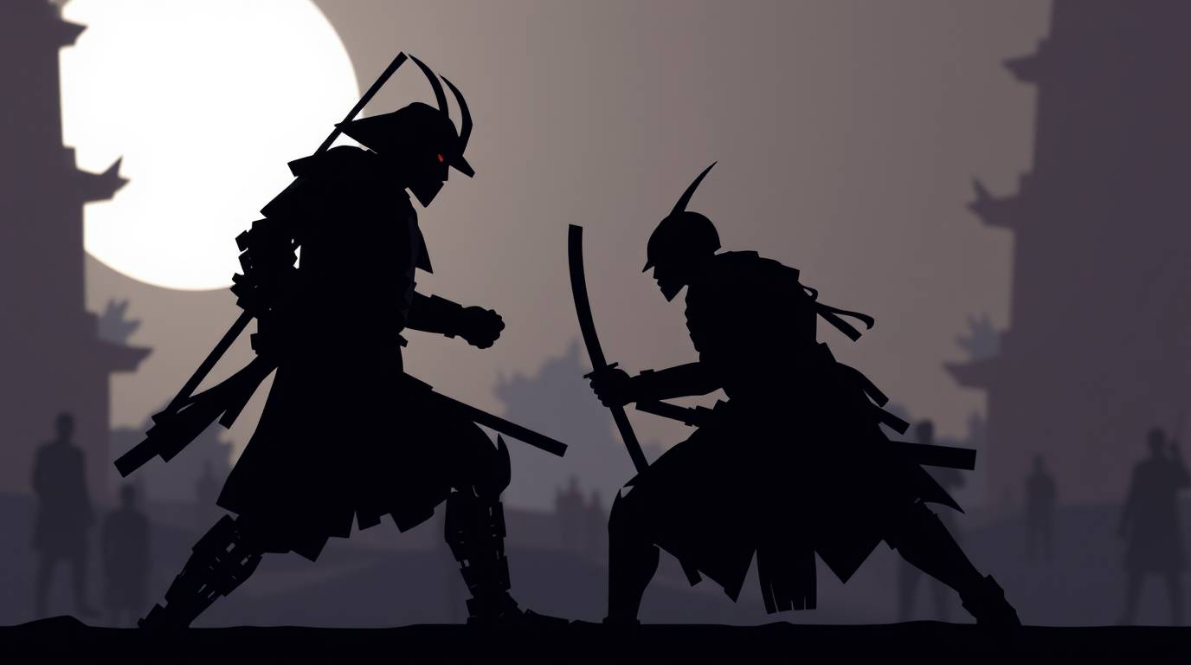 In a dystopian world, a silhouetted samurai engages in a dramatic clash with a robot, bathed in cinematic lighting. The scene