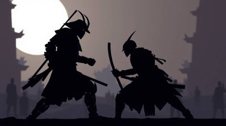 In a dystopian world, a silhouetted samurai engages in a dramatic clash with a robot, bathed in cinematic lighting. The scene