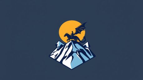 This captivating logo design features a high-angle perspective of a dragon and rider soaring above icy mountains. Rendered in