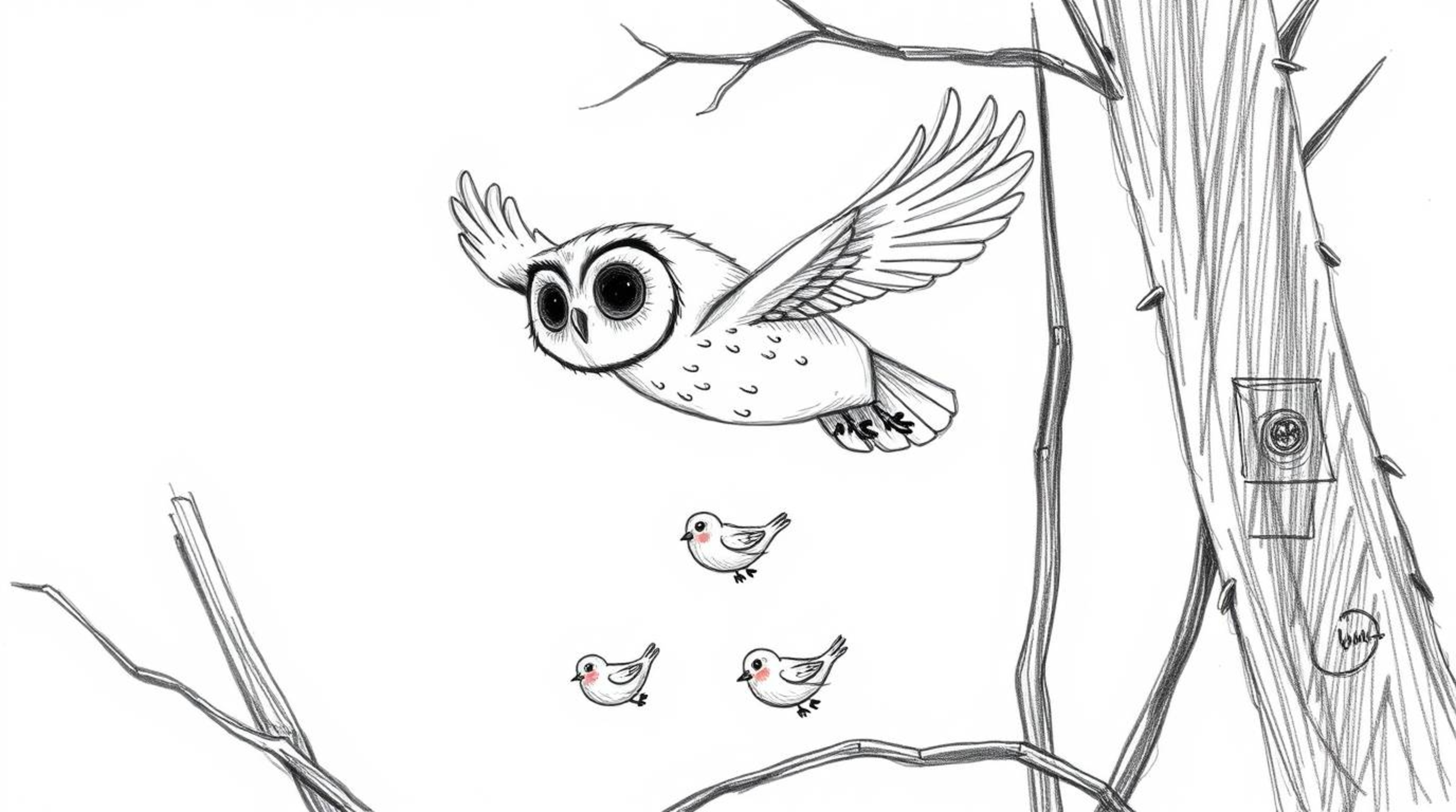 A heartwarming hand-drawn sketch in the style of Pixar depicts a sightless owl with gentle, expressive features gracefully gl