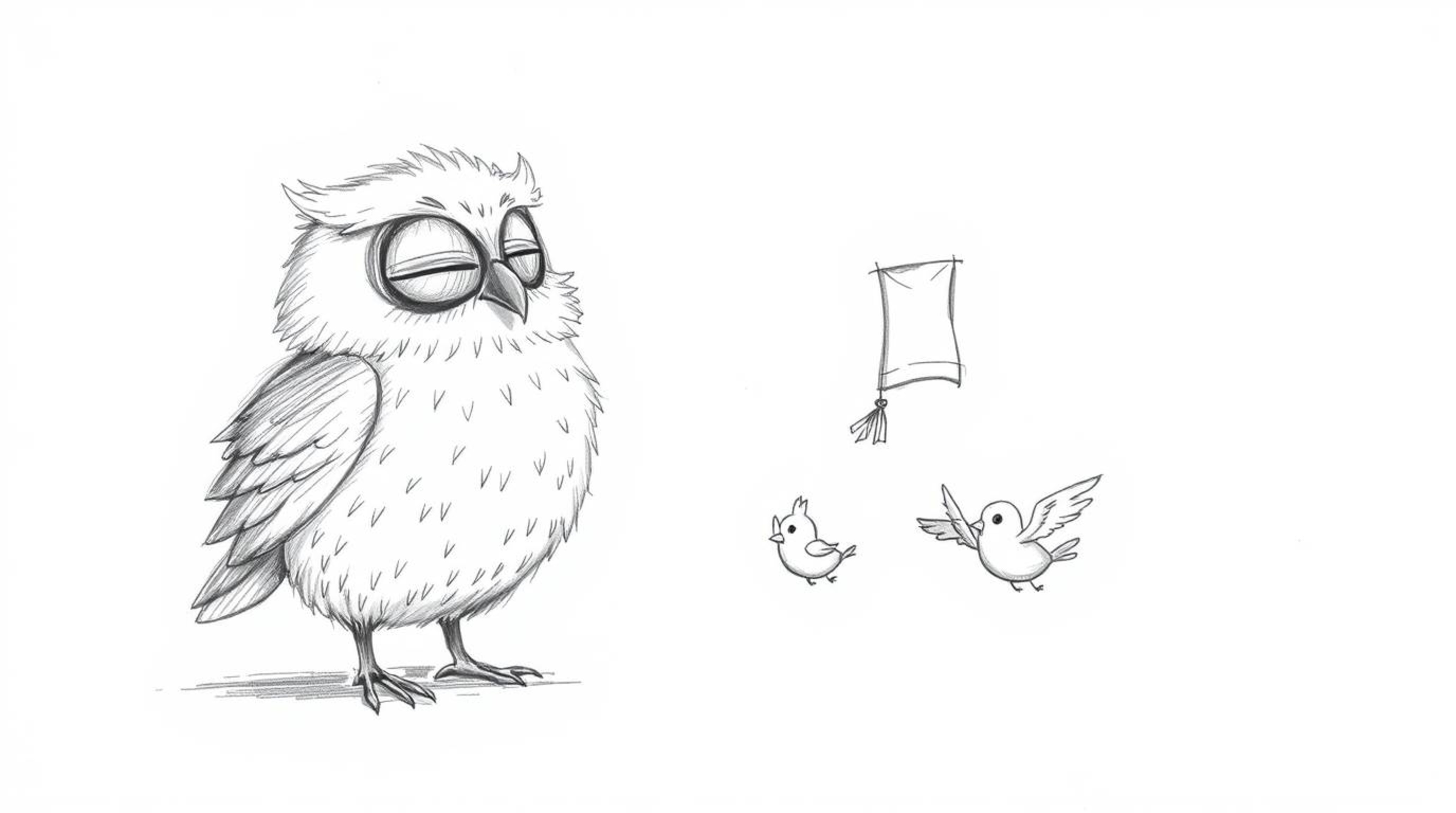 A heartwarming, hand-drawn sketch in a textured pencil style reminiscent of Pixar, featuring a blind, fluffy owl gently teach