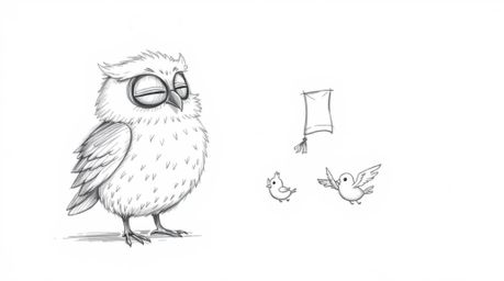 A heartwarming, hand-drawn sketch in a textured pencil style reminiscent of Pixar, featuring a blind, fluffy owl gently teach