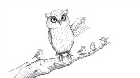 A heartwarming, Pixar-esque hand-drawn sketch portrays a blind owl, its soft feathers meticulously rendered, guiding small bi