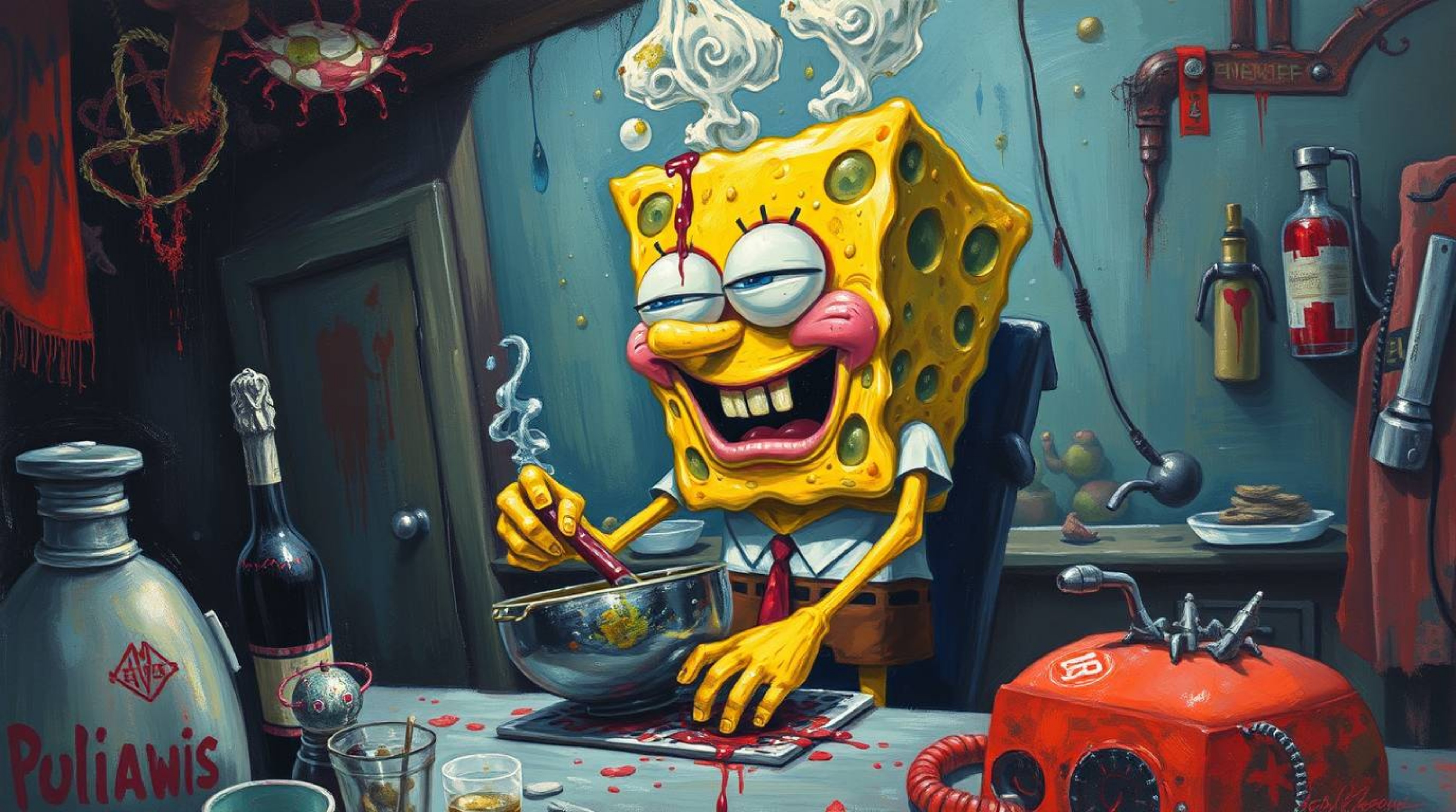 This eerie and creepy acrylic painting depicts a sponge character engrossed in cooking within an underwater kitchen. The artw