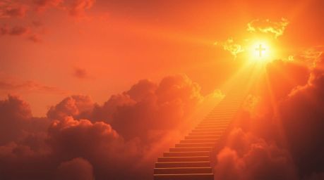 A captivating image depicts a warm, golden staircase ascending through ethereal clouds towards a radiant heaven. Sunlight pie