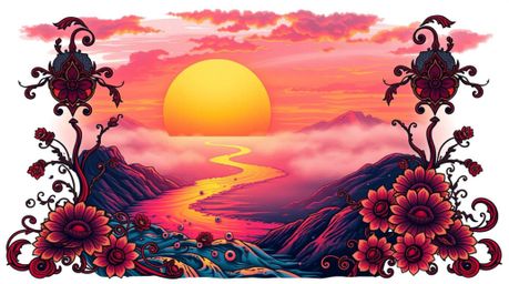 A vibrant, retro-style tattoo art print depicting a winding river glowing under a dramatic orange-pink sky.  The design featu