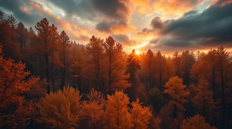 Experience the magic of an ethereal autumn forest scene.  Golden leaves are dramatically illuminated by a vibrant sunset, con