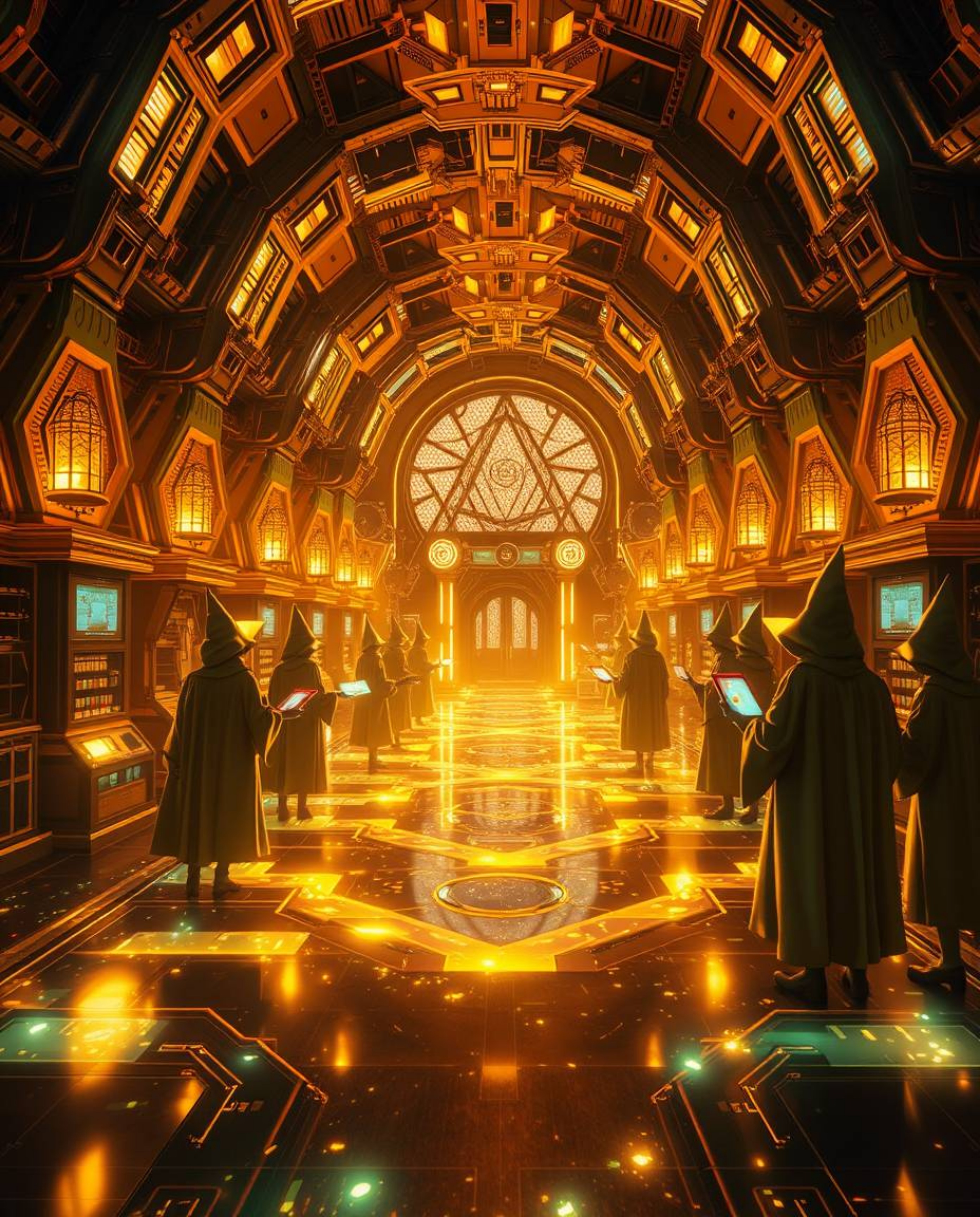 Imagine a radiant and luxurious magical school filled with young wizards, blending advanced technology and space elements. Th