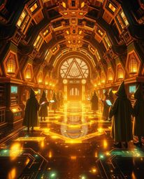 Imagine a radiant and luxurious magical school filled with young wizards, blending advanced technology and space elements. Th