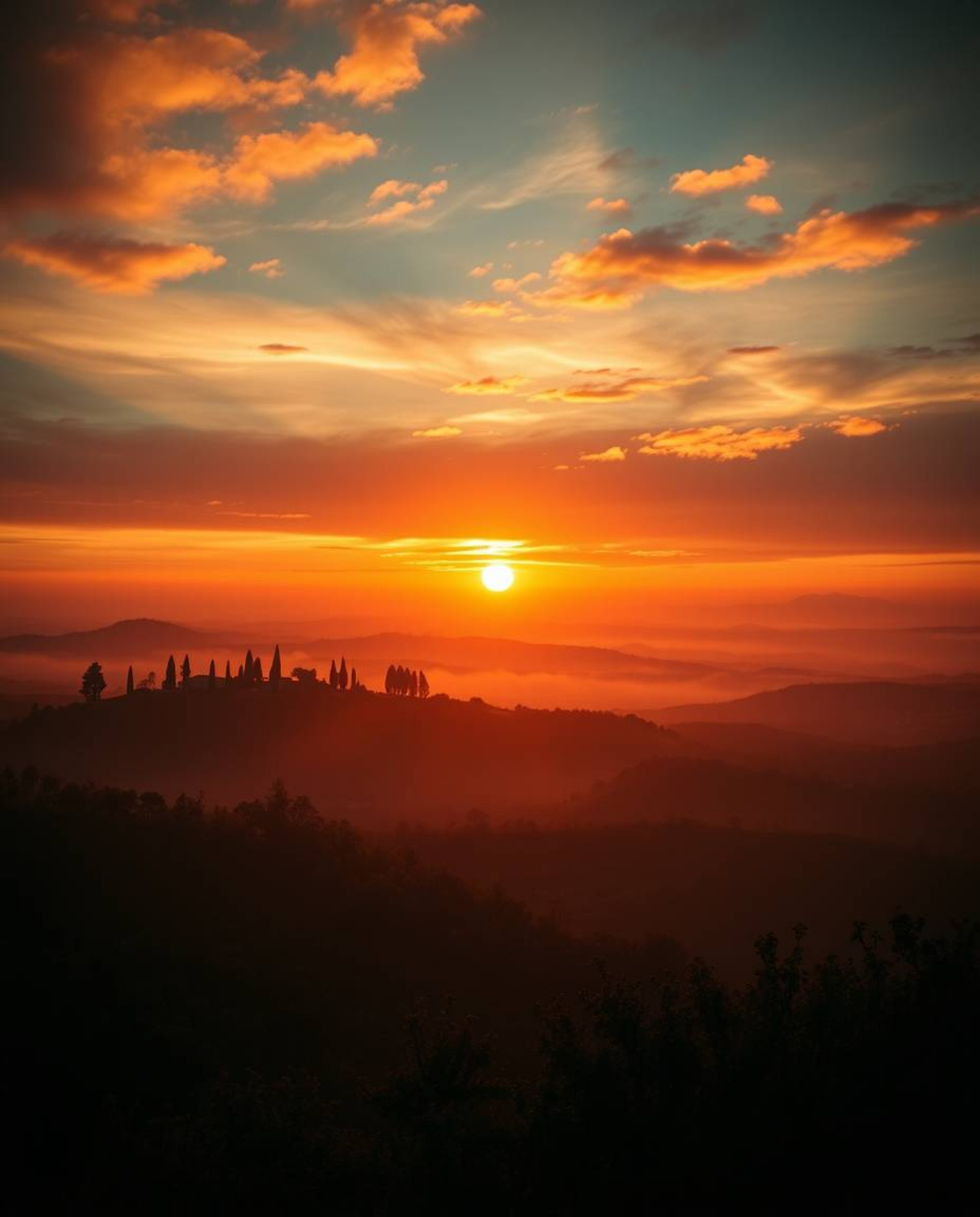 This is a dramatic, cinematic-style depiction of a warm Tuscan sunset over misty, rolling hills. The scene is saturated with 