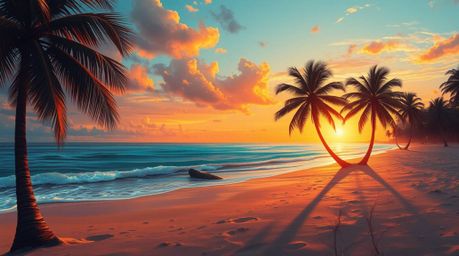 Experience the tranquility of a tropical beach sunset captured in this digital painting.  Warm autumn colors bathe swaying pa