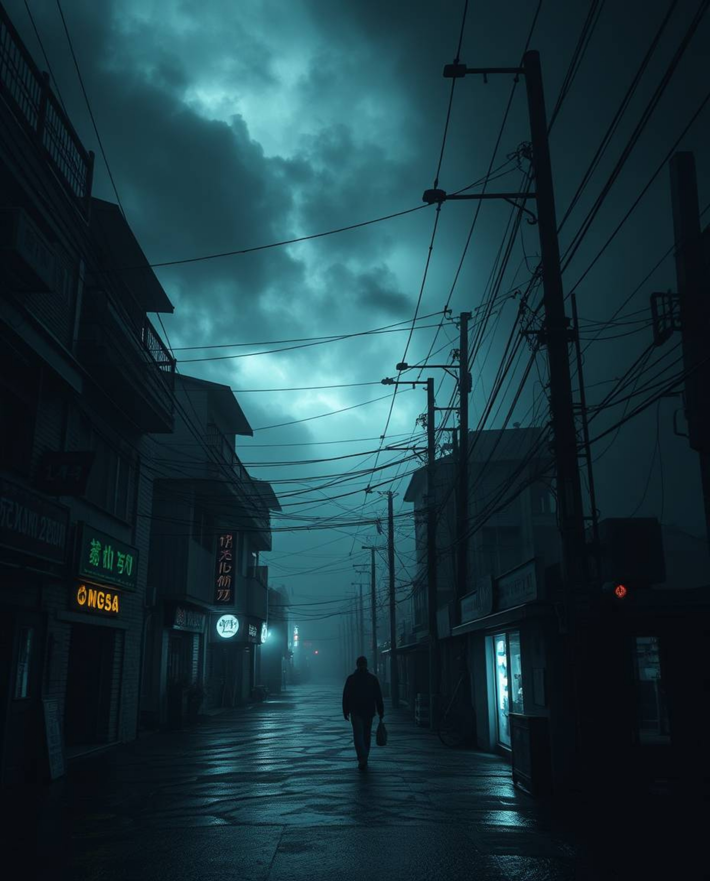 A captivating surreal street scene featuring intense weather and dark tones. Buildings fold and twist in an eerie atmosphere,