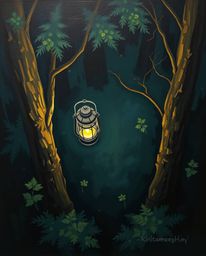 A captivating overhead bird’s eye view rendered in a classic oil painting style, featuring a glowing lantern illuminating a d