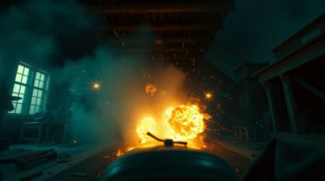 A captivating high-angle photograph depicts a classic Wild West TNT explosion, rendered in rich, deep teal tones. This luxuri
