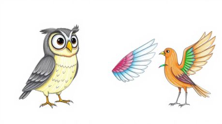 A whimsical hand-drawn sketch in the style of Pixar depicts a kind, blind owl instructing colorful birds. The birds are engag