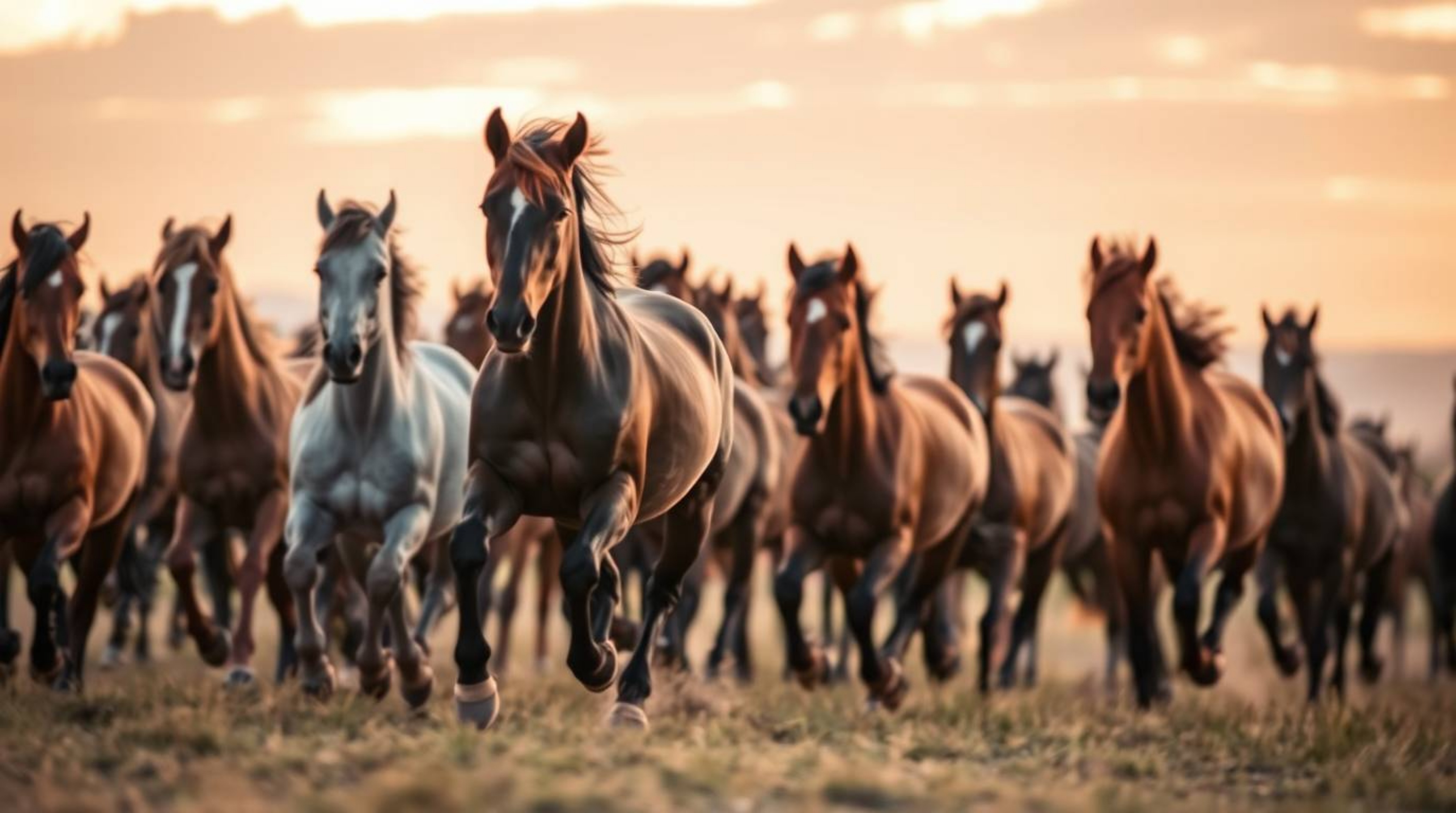 A stunning photograph captures a herd of wild horses running freely under a vibrant, glowing sky.  The blurred bokeh backgrou