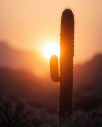 A soft, dreamy cinematic image capturing a desert cactus glowing in the last rays of the sun. This beautiful shot features a 