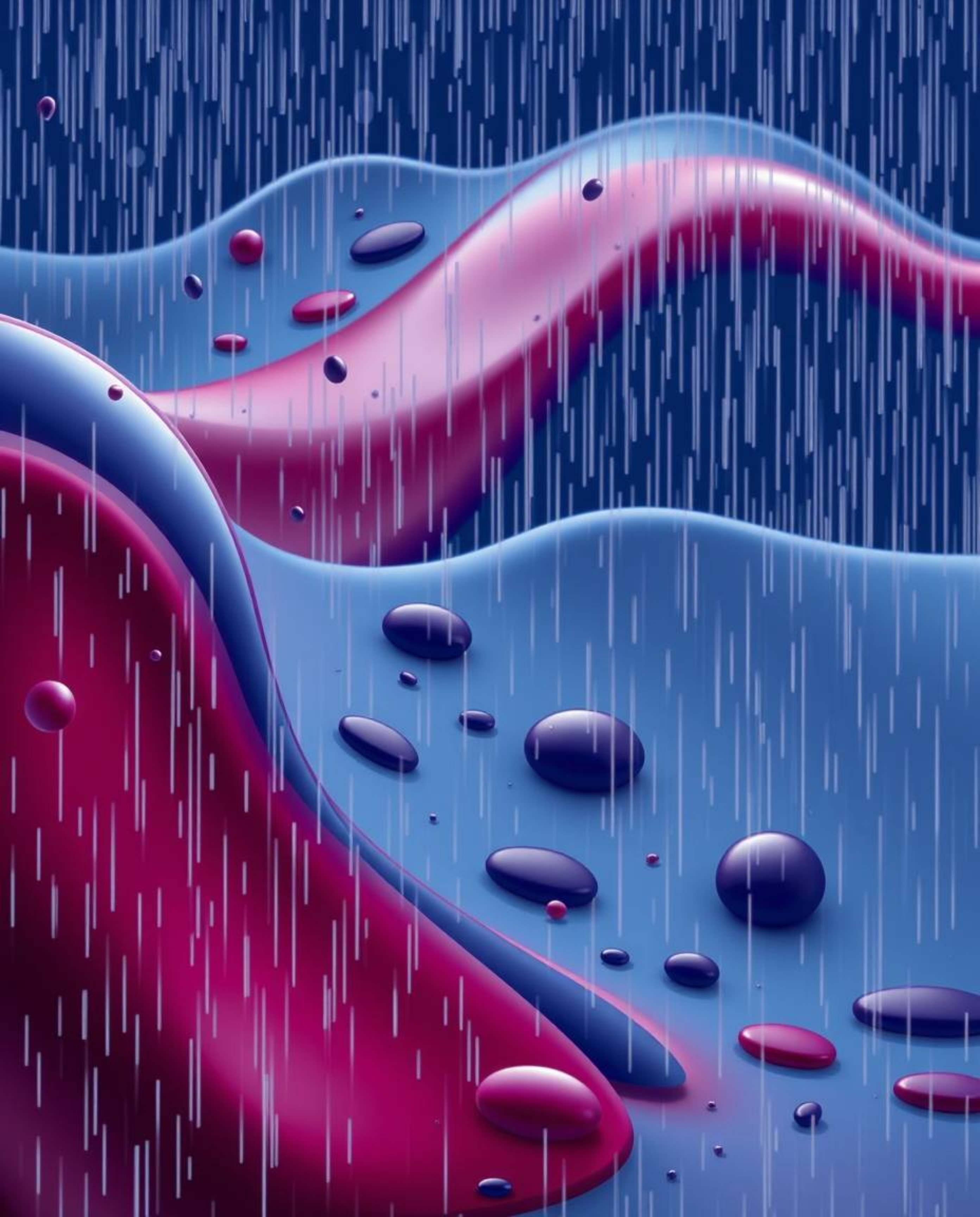 Explore a mesmerizing rainy scene rendered in a rich burgundy and deep blue color palette with this 3D illustration showcasin