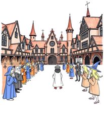 Explore a magical school brimming with young wizards, depicted in a charming hand-drawn sketch style. The artwork boasts a v