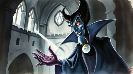 A dramatic cinematic scene unfolds with delicate watercolor brushstrokes, depicting a classic Disney villain with exaggerated