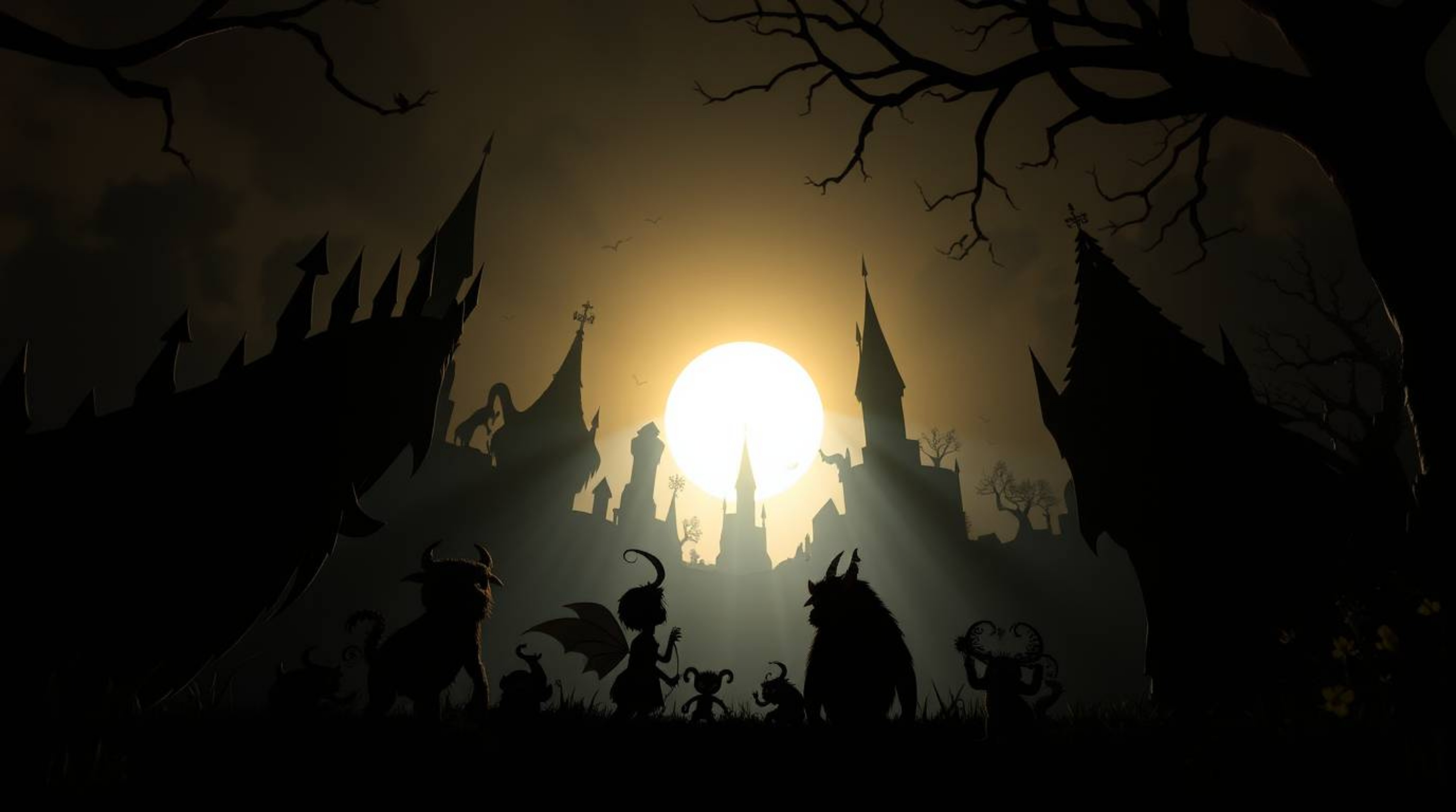 A captivating low-angle silhouette of a fantasy kingdom, bathed in dramatic backlight, reveals a whimsical world. Quirky magi