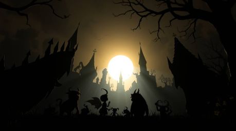 A captivating low-angle silhouette of a fantasy kingdom, bathed in dramatic backlight, reveals a whimsical world. Quirky magi