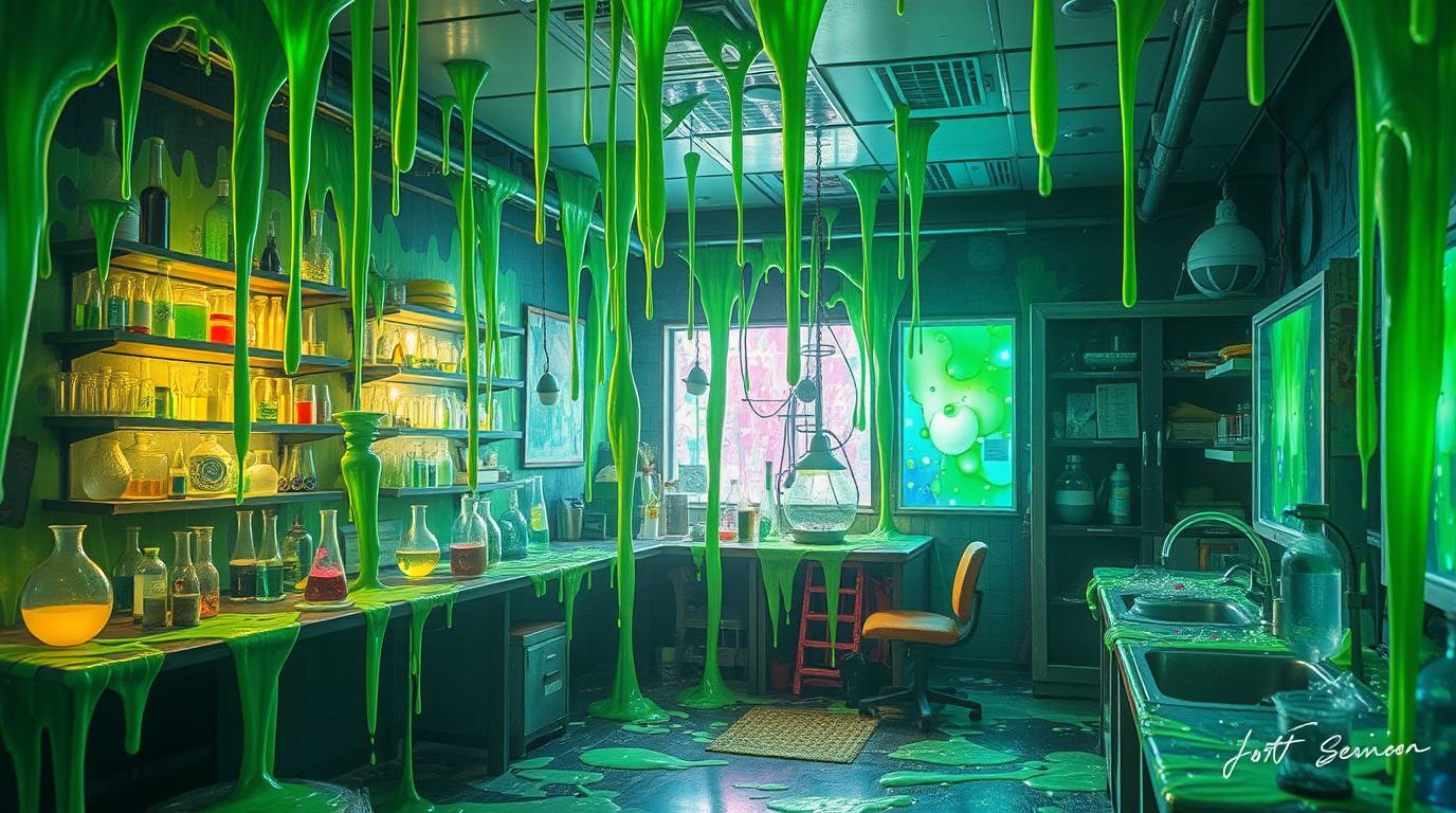 This artwork presents an abstract and artistic light art piece that visualizes a slime-covered science lab. It features creat