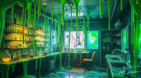 This artwork presents an abstract and artistic light art piece that visualizes a slime-covered science lab. It features creat