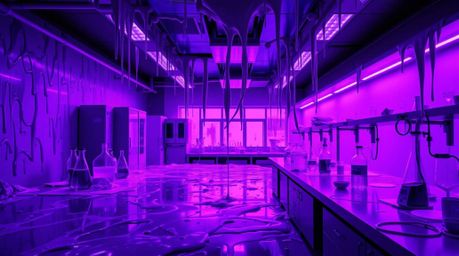 Immerse yourself in a slime-covered science lab awash in deep ultraviolet light, a mesmerizing scene dominated by vivid purpl