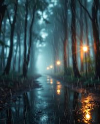 Immerse yourself in a captivating Isekai anime-style depiction of a rain-soaked forest, infused with a digital glitch effect.