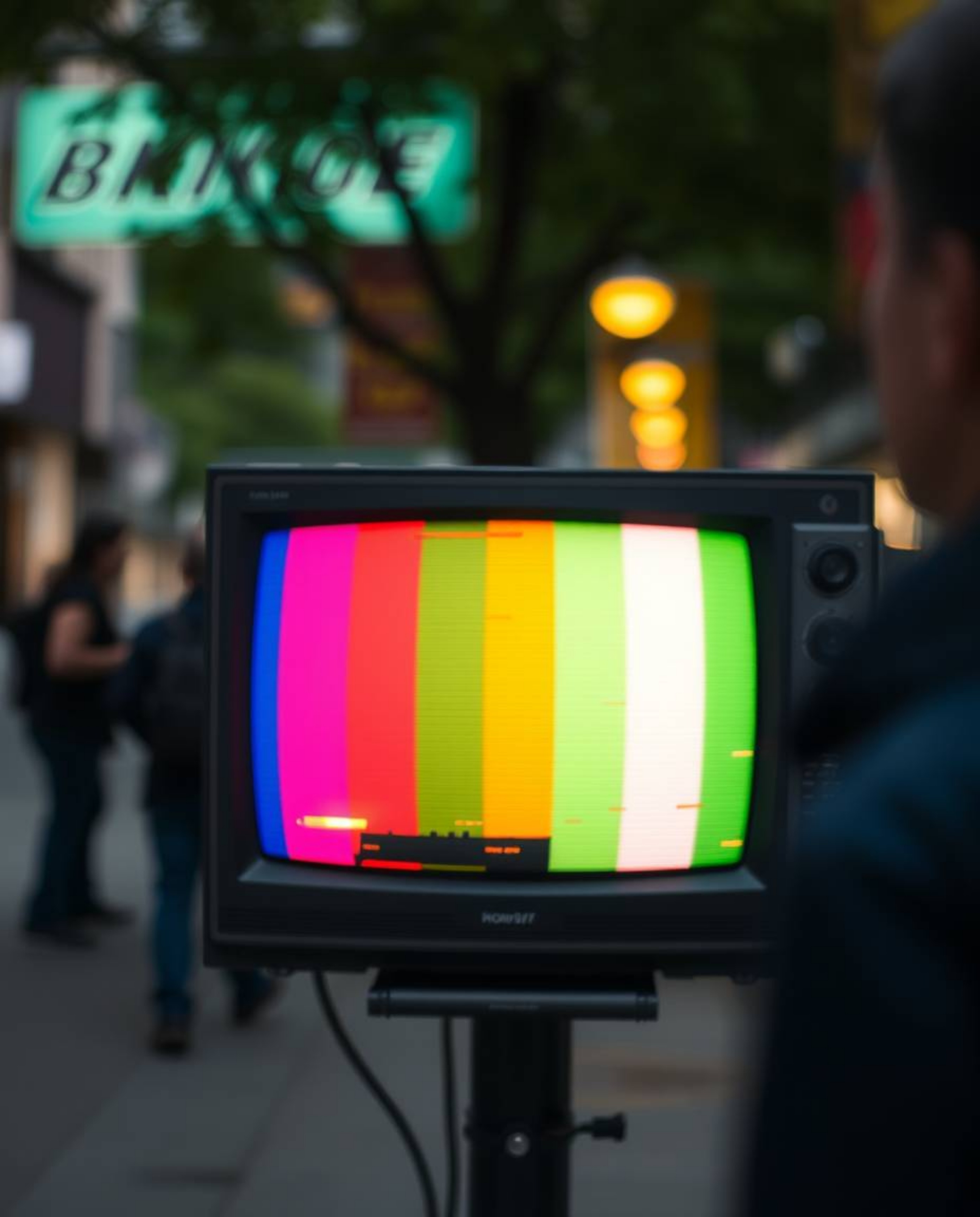 A candid street photograph showcases a compelling blurred bokeh effect, drawing attention to a TV screen displaying RGB-separ