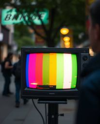 A candid street photograph showcases a compelling blurred bokeh effect, drawing attention to a TV screen displaying RGB-separ