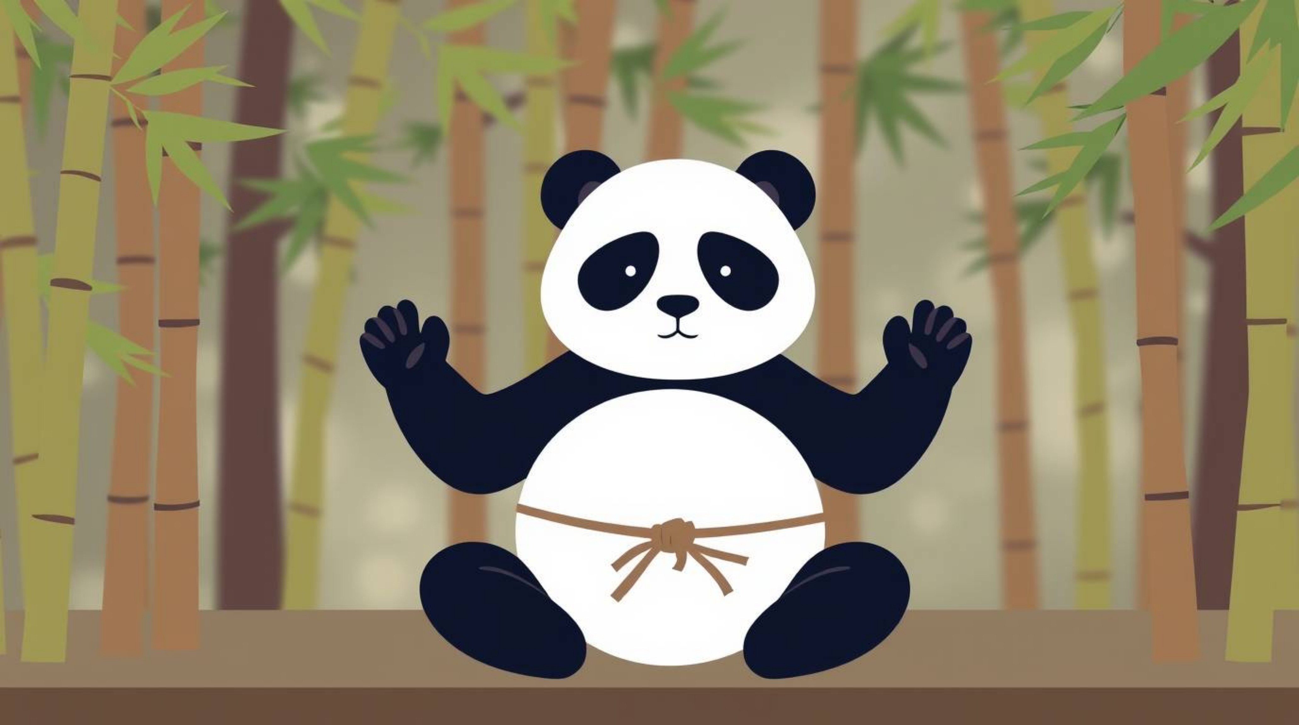 A captivating illustration showcases a modern flat design of a meditating martial artist panda nestled within a serene bamboo