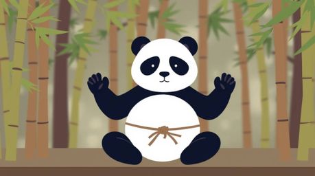 A captivating illustration showcases a modern flat design of a meditating martial artist panda nestled within a serene bamboo