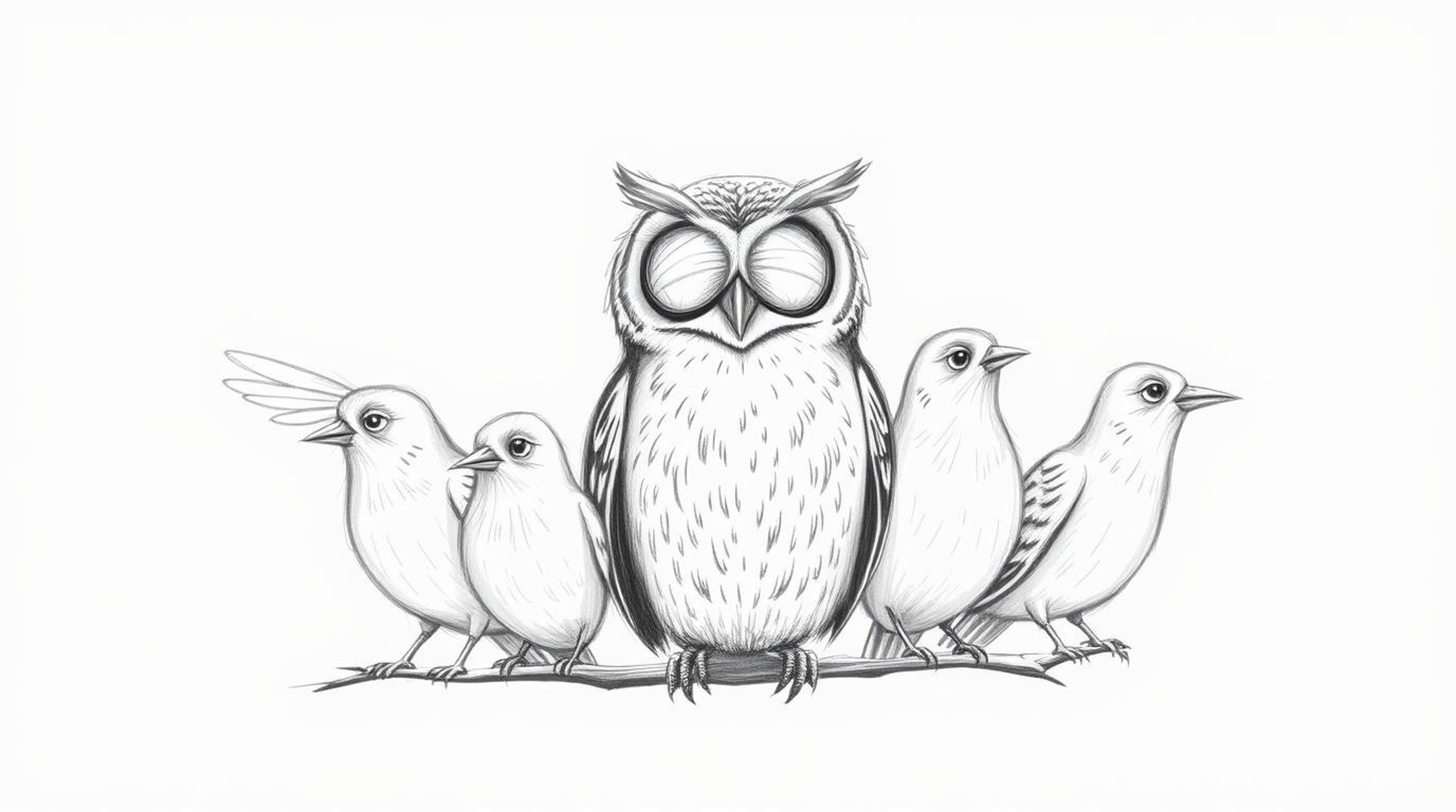 A captivating hand-drawn Pixar style sketch depicts a blind owl guiding birds as they learn to fly. The scene focuses on the 