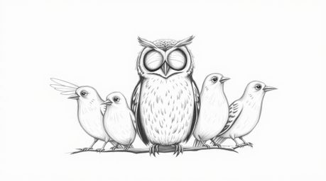 A captivating hand-drawn Pixar style sketch depicts a blind owl guiding birds as they learn to fly. The scene focuses on the 